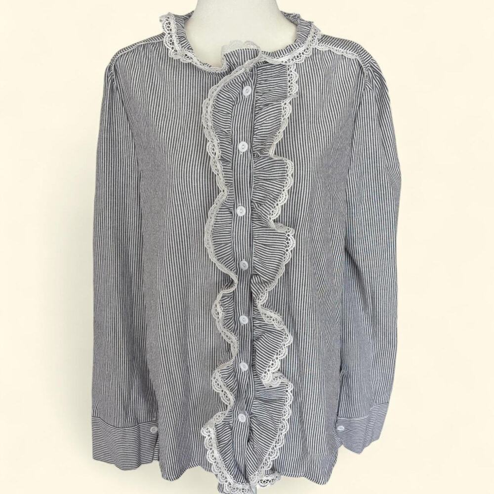 Victorian Inspired Pinstripe Ruffle Lace Blouse Dark Academia Coquette